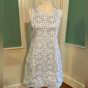 Gretchen Scott Sheath Dress. Small Blue and White, covered buttons, sleeveless
